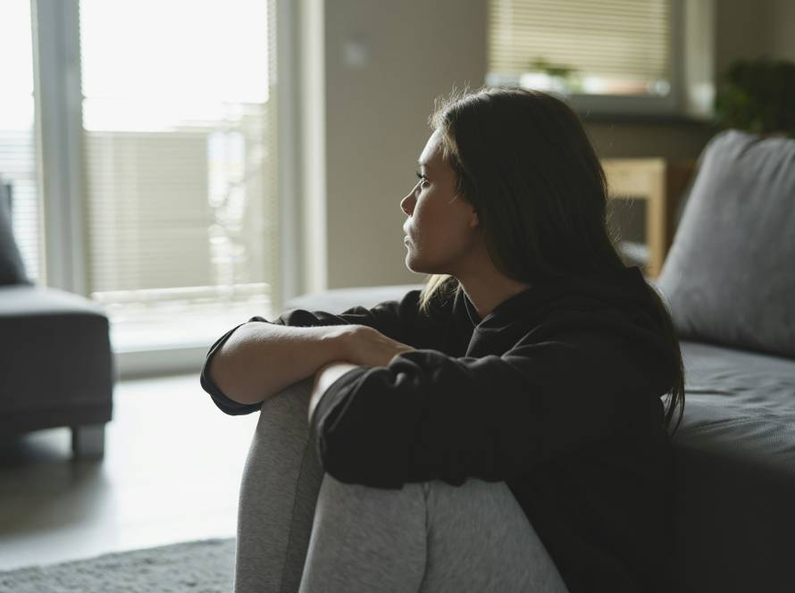 Caucasian sad woman sitting at the floor and looking throw window at home